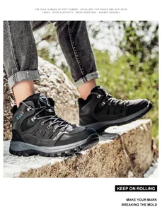 Outdoor shot of high-top winter boots with warm fur lining and anti-slip rubber sole