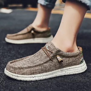 Mocassins décontractés en toile pour hommes avec lacets élastiques et broderie ethnique