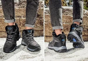Detail of high-top winter hiking boots with warm faux fur lining and anti-slip rubber soles