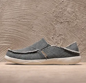 Close-up of grey canvas loafers showing breathable fabric and frayed edge detail
