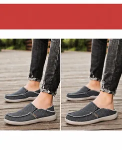Close-up of blue canvas loafers showing two ways to wear as slip-on shoes or mules