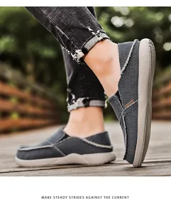 Men's slip-on loafers in grey-blue breathable canvas with stylish frayed edge details