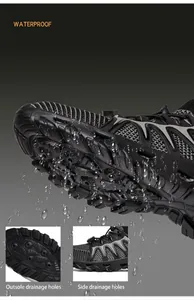 Close-up of lightweight hiking shoes featuring water drainage holes and mesh fabric