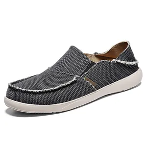 Men's breathable dark grey canvas loafers with frayed edges and elastic slip-on design