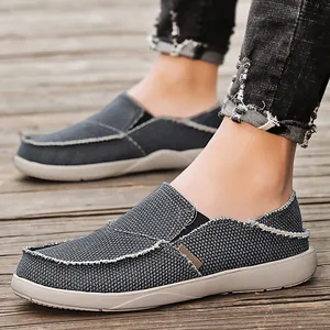 Men casual canvas loafers in dark grey woven texture with thick rubber soles