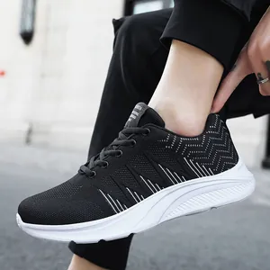 Men's breathable black knitted sports sneakers with white thick soles and wave texture