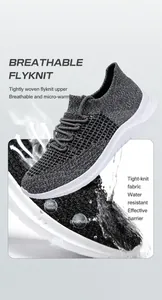 Detail view of breathable fly-knit fabric and lightweight EVA sole for dark grey running shoes