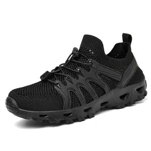 Men's breathable mesh outdoor hiking and wading shoes in all-black design with drainage holes