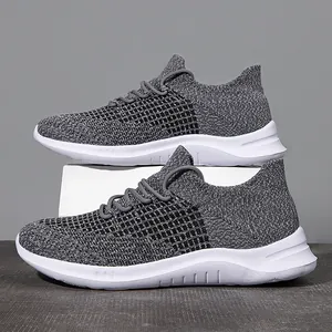 Men's breathable knit running shoes with thick cushioned soft sole in grey black tone