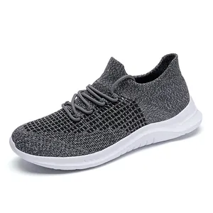 Men's breathable mesh running shoes in grey and black weave with a white flexible sole