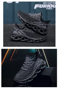 Dettaglio della tomaia in mesh fly-knit traspirante e suola ammortizzata ondulata da uomo