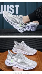 Détails de chaussures de course en maille grise avec semelles amortissantes à lames