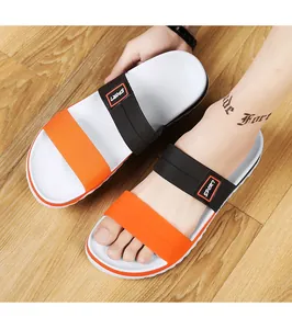 On-foot view of men's EVA slippers with orange and black wide straps and SPORT logo