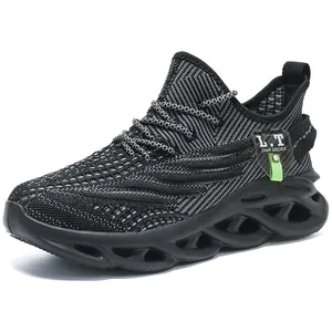 Chaussures de running noires respirantes pour hommes avec semelle à vagues amortie