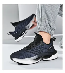 Detailed side view of breathable mesh running shoes with white cushioning and blue fabric