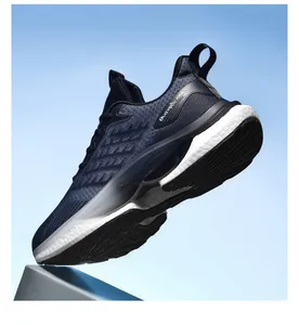 Detail shot of the shock-absorbing thick white sole and non-slip rubber tread of blue running shoes