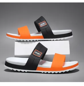 Detail view of men's double-strap EVA slippers with sport logo and non-slip soles