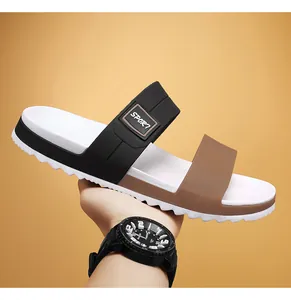 Detail of multi-color EVA men's slide featuring 'SPORT' strap and non-slip sole