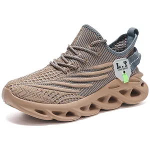 Men's khaki breathable mesh sneakers with thick cushioned hollow soles for running