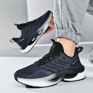Men's breathable mesh running sneakers with gradient blue upper and cushioned hollow sole