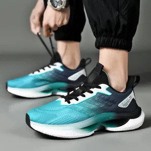 Men's gradient blue breathable mesh running shoes with thick cushioned soles for casual sports