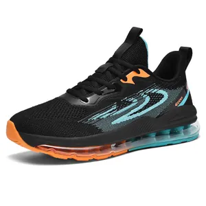 Atmungsaktive schwarze Laufschuhe mit orangefarbenem Luftkissen und blauen Seitenstreifen