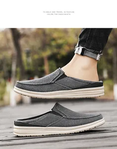 Detailed view of dark grey canvas mule shoes for men featuring thick slip-resistant soles
