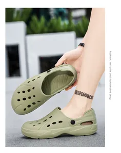 Detail view of olive green breathable hole shoes featuring thick anti-slip wavy soles