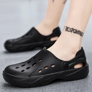Men's lightweight black EVA hollow clogs with breathable holes and adjustable straps