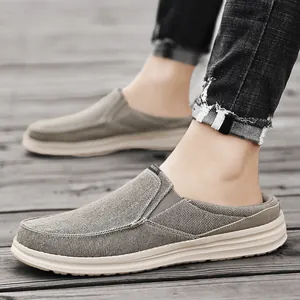 Men Casual Canvas Loafers Mules Breathable Slip On Half Slippers Lightweight EVA Sole Outdoor Indoor Leisure Shoes For Men