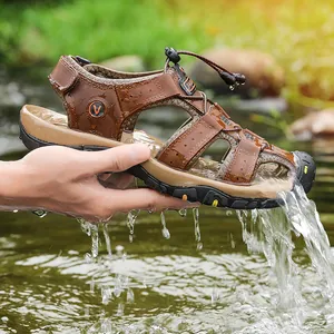 Men's brown leather outdoor water sandals with durable rubber sole and quick-lace system