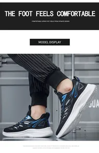Detail view of breathable black mesh running shoe with blue accents and white thick sole