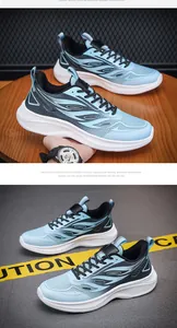 Detail of blue gradient mesh running shoes with thick cushioned soles and flame patterns