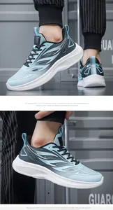 Close-up of lightweight blue running shoes showing breathable mesh and soft leather collar