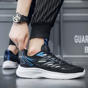 Men's breathable fly-knit running shoes in black and blue with thick cushioned soles