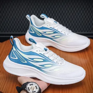 Men's breathable mesh running shoes in blue-white gradient with flame patterns
