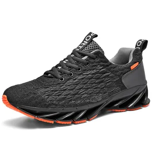 Black knitted breathable running shoes with blade sole and orange anti-slip grip