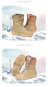 Detail view of khaki winter boots showing rugged non-slip soles and warm faux fur lining