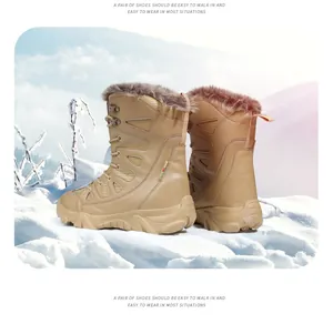 Detail of khaki winter snow boots with warm faux fur lining and thick non-slip soles