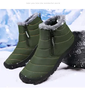 Detail of army green snow boot showing side zipper and thick faux fur lining
