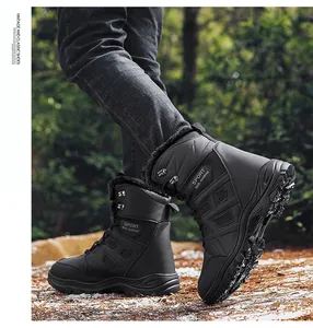 Men's high-top black snow boots featuring warm fur lining and rugged anti-slip soles