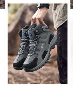 Close-up of grey and black hiking boots featuring non-slip soles and breathable mesh