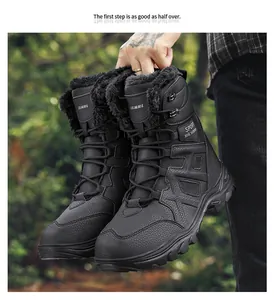 Detailed view of men's winter snow boot with thick black faux fur lining and non-slip sole