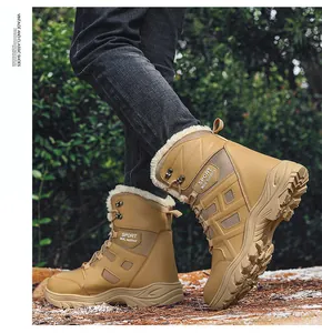 Close-up of camel men's snow boots with thick faux wool lining and non-slip rubber sole