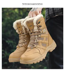 Detail of warm faux-fur lining and rugged hiking lace hooks on men's winter boots