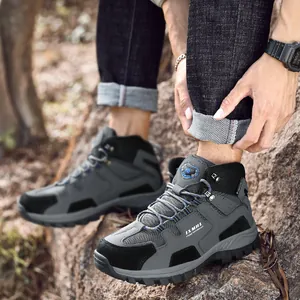 Men's high-top outdoor hiking shoes in dark grey and black with non-slip rubber soles