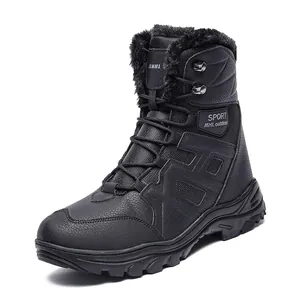 Men's high-top black winter snow boots with warm faux fur lining and anti-slip rubber sole
