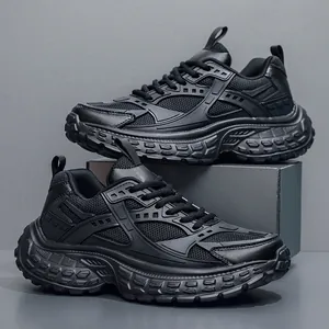 Men's chunky black breathable mesh sneakers with thick non-slip soles for spring sports