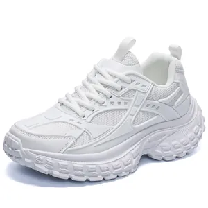 White chunky sneakers for men and women featuring breathable mesh and thick soles