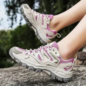 Hiking shoes in purple and beige with anti-slip thick rubber soles for outdoor trekking